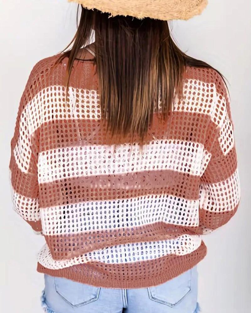 Striped Hollow Mesh Knit Tops