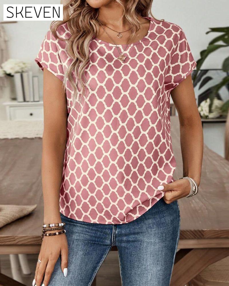 Round Neck Diamond Print Short-Sleeved Blouse
