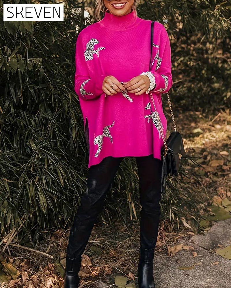 Stylish loose high neck leopard print pullover