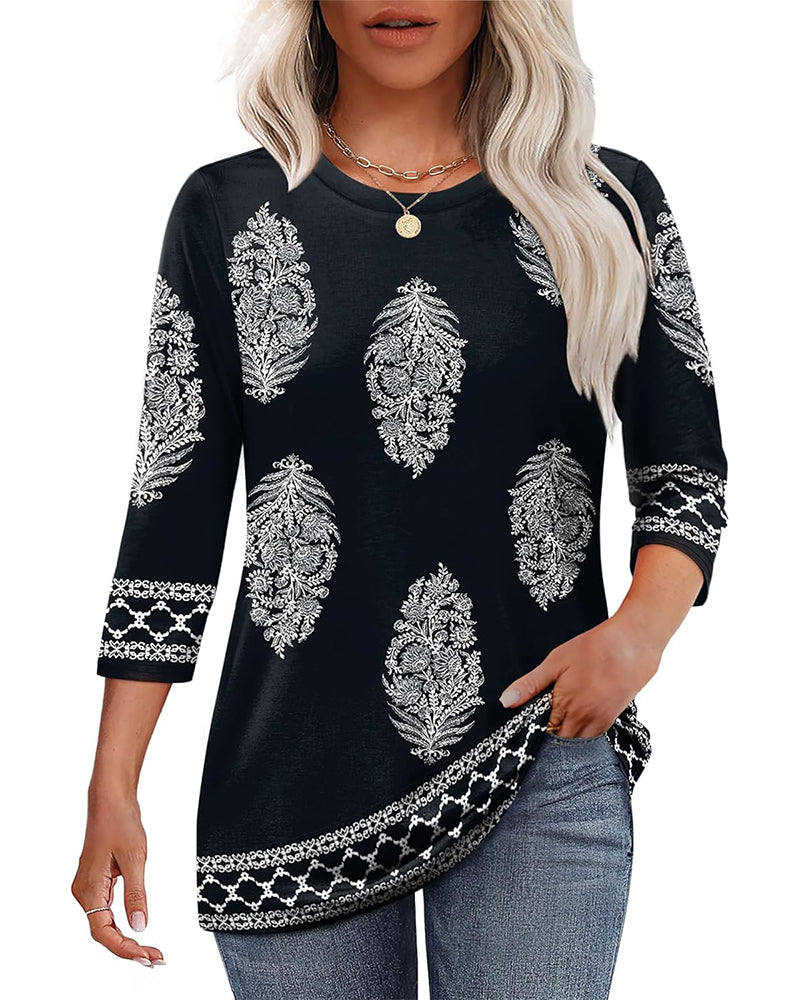 Printed Three-Quarter Sleeve Crew Neck Top