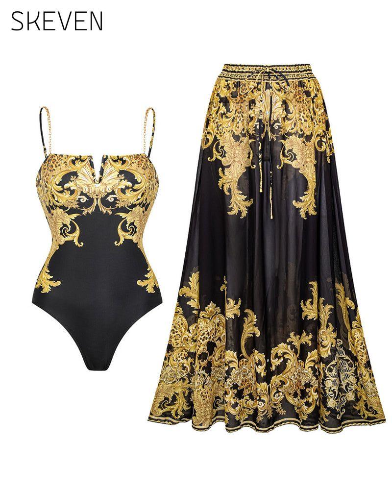 Vintage Badeanzug mit bedrucktem Mesh-Gewebe und Sonnenschutz