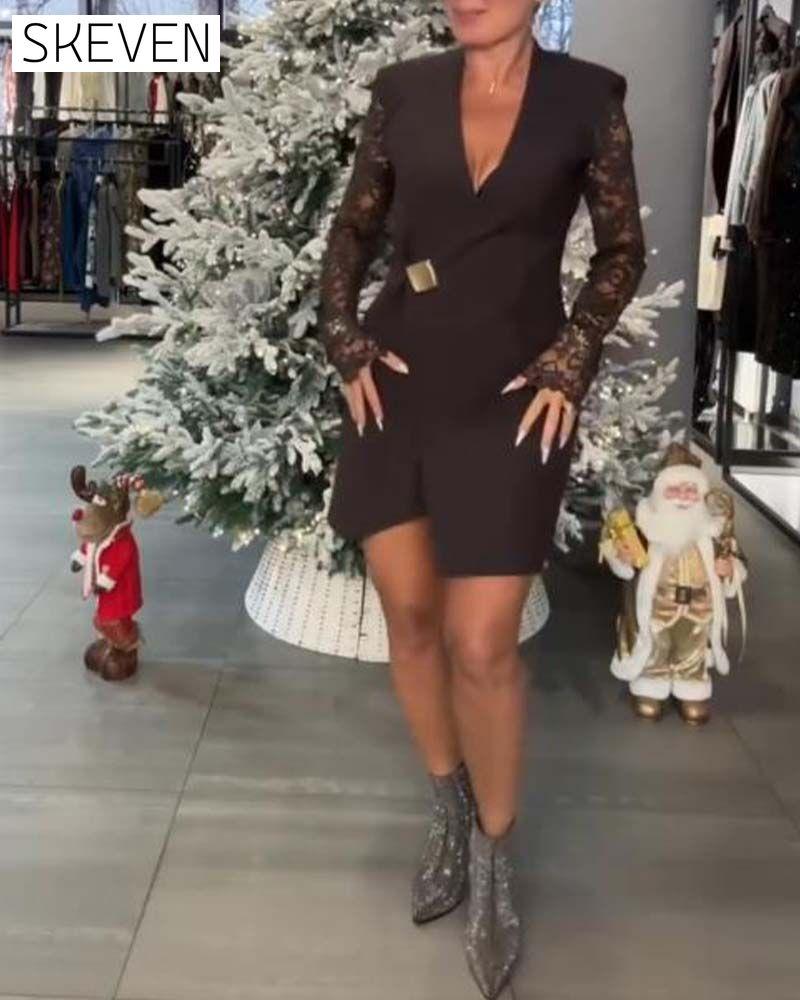 Lace-Paneled Deep V-Neck Fitted Dress