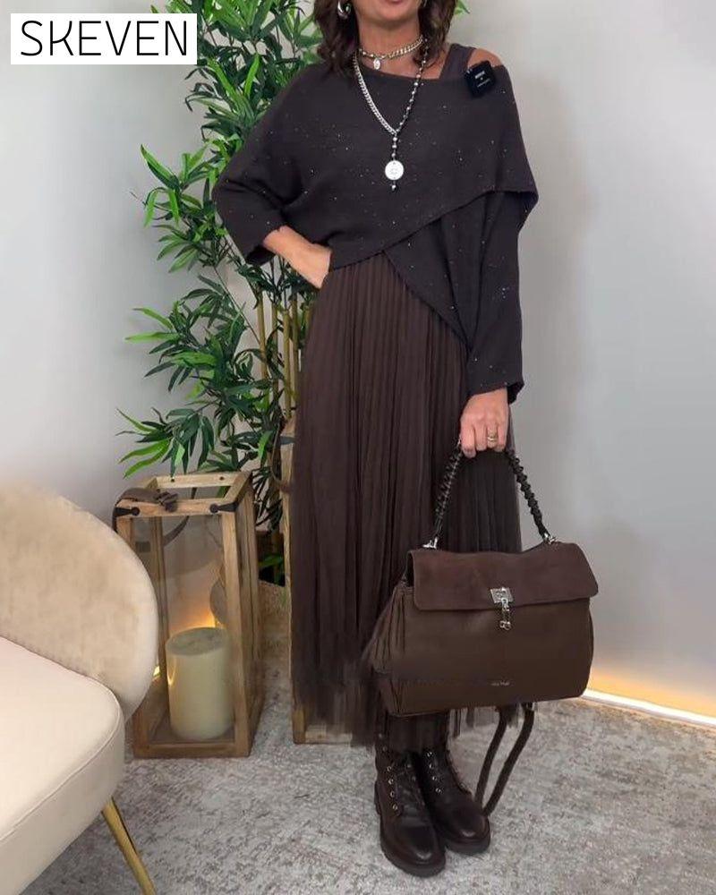 Elegant Asymmetric Sweater & Lace Skirt Set