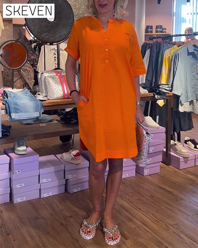 Solid color buttoned casual loose dress