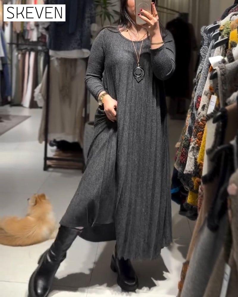 Round Neck Pleated Loose Long Dress
