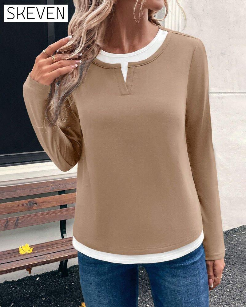 Long-Sleeved Fake Two-Piece Solid Color Top