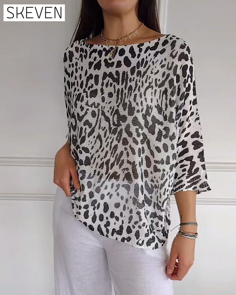 Three-Quarter Sleeve Leopard Print Loose Sweater