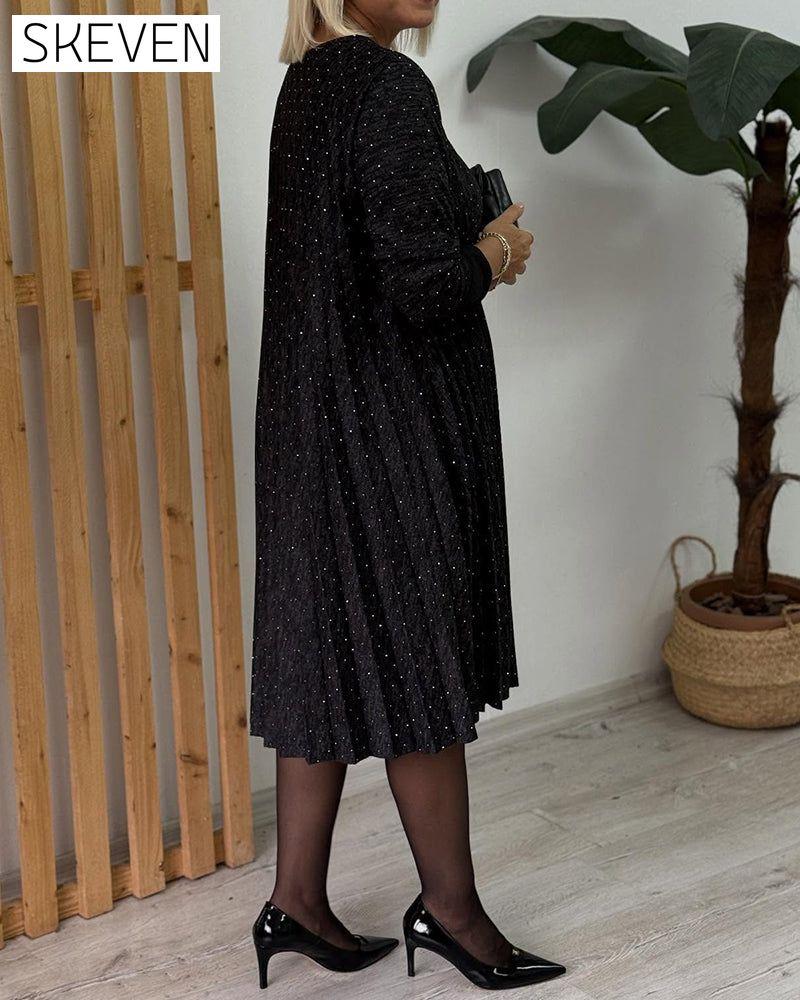 Robe de mode plissée scintillante à col rond