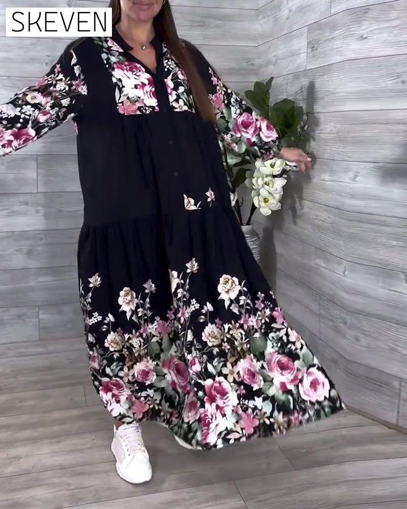 Floral Print Casual Lantern Sleeve Dress