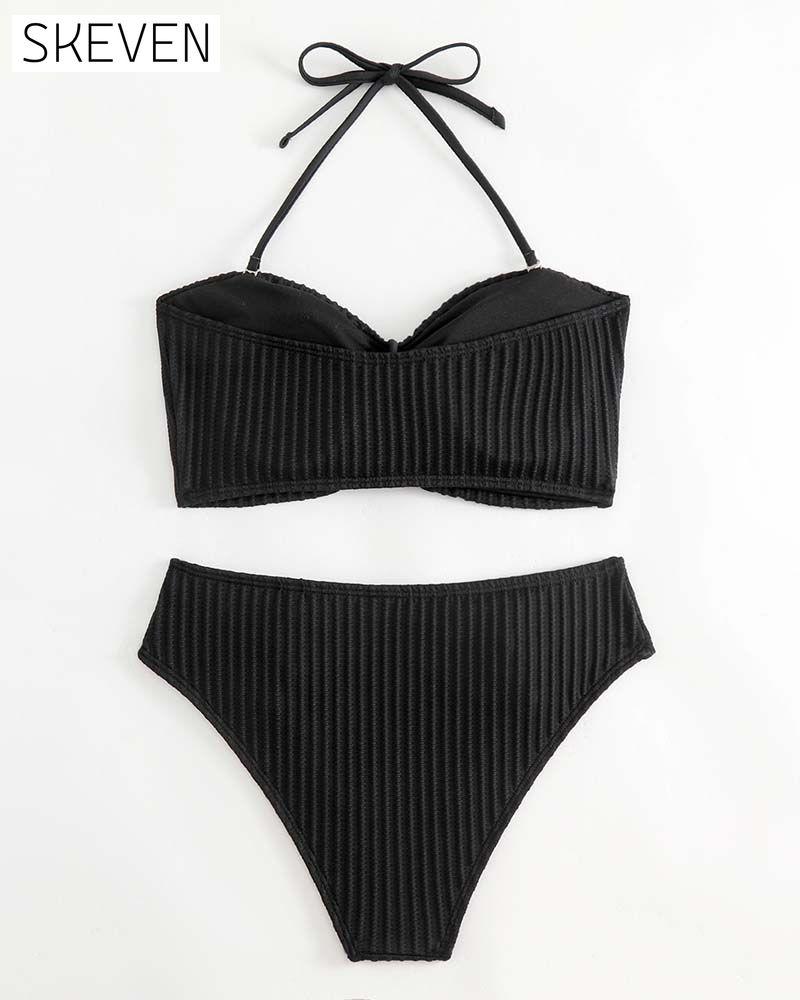 Halter Solid Color Striped Swimsuit
