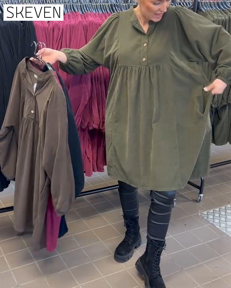 Langarmkleid mit Knopfleiste und V-Ausschnitt