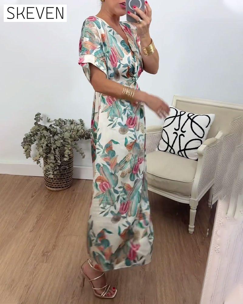 Botanical print v-neck twist elegant dress