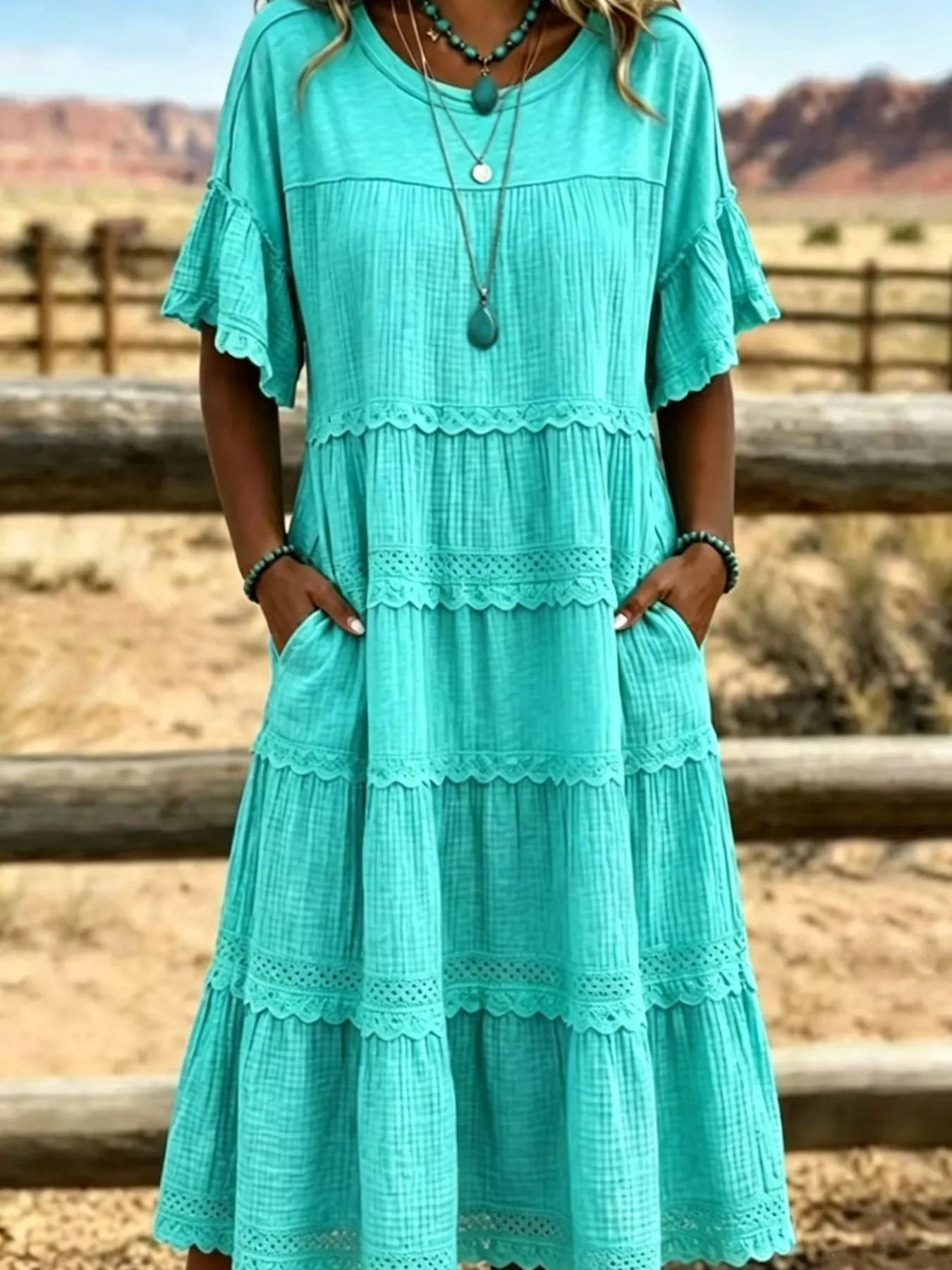 Full Size Tiered Ruffle Sleeve Midi Dress with Pockets Plus Size
