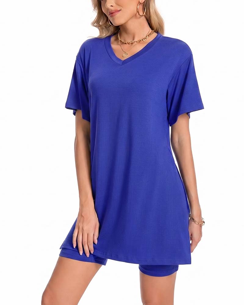 V-Neck Side Split Short Sleeve Set