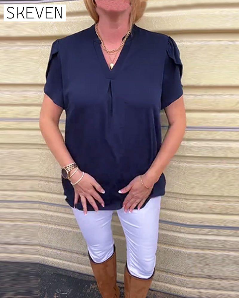 Solid Color V-Neck Pleated All-Match Blouse