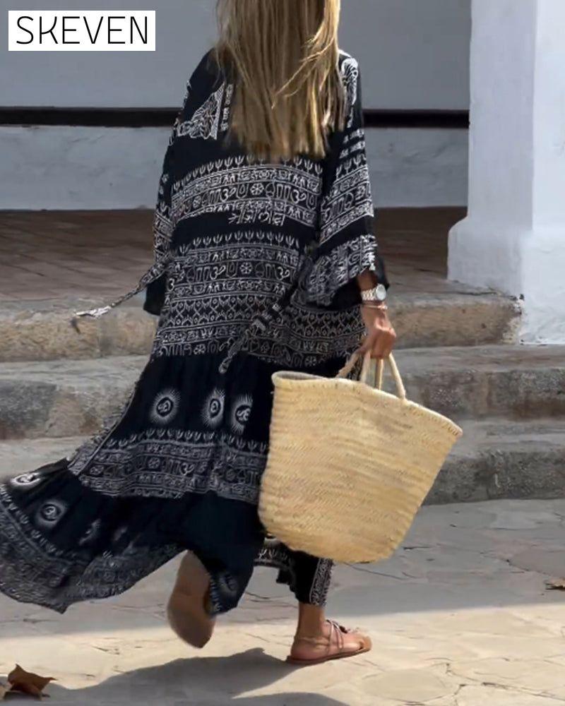 Retro contrast print long sleeve casual dress casual dresses spring summer vacation dresses