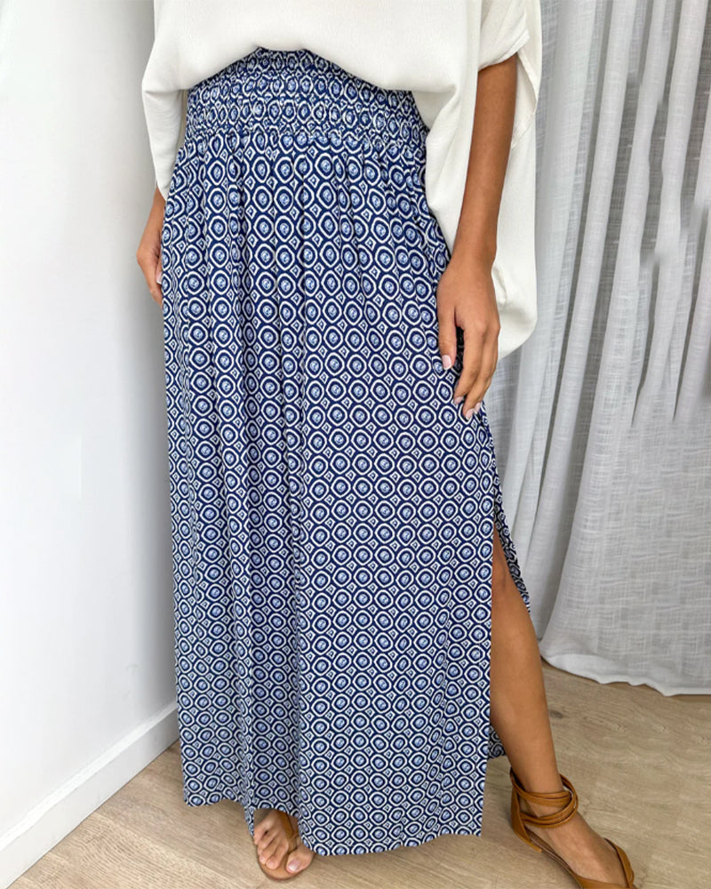 Casual High-Waisted Slit Printed Skirt