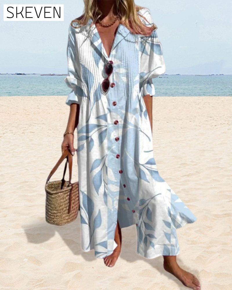 V-neck button-down printed dress spring summer vacation dresses