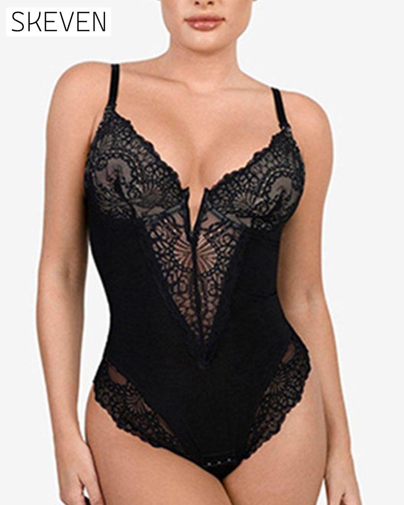 Deep-V Neck Lace Shapewear Bodysuit