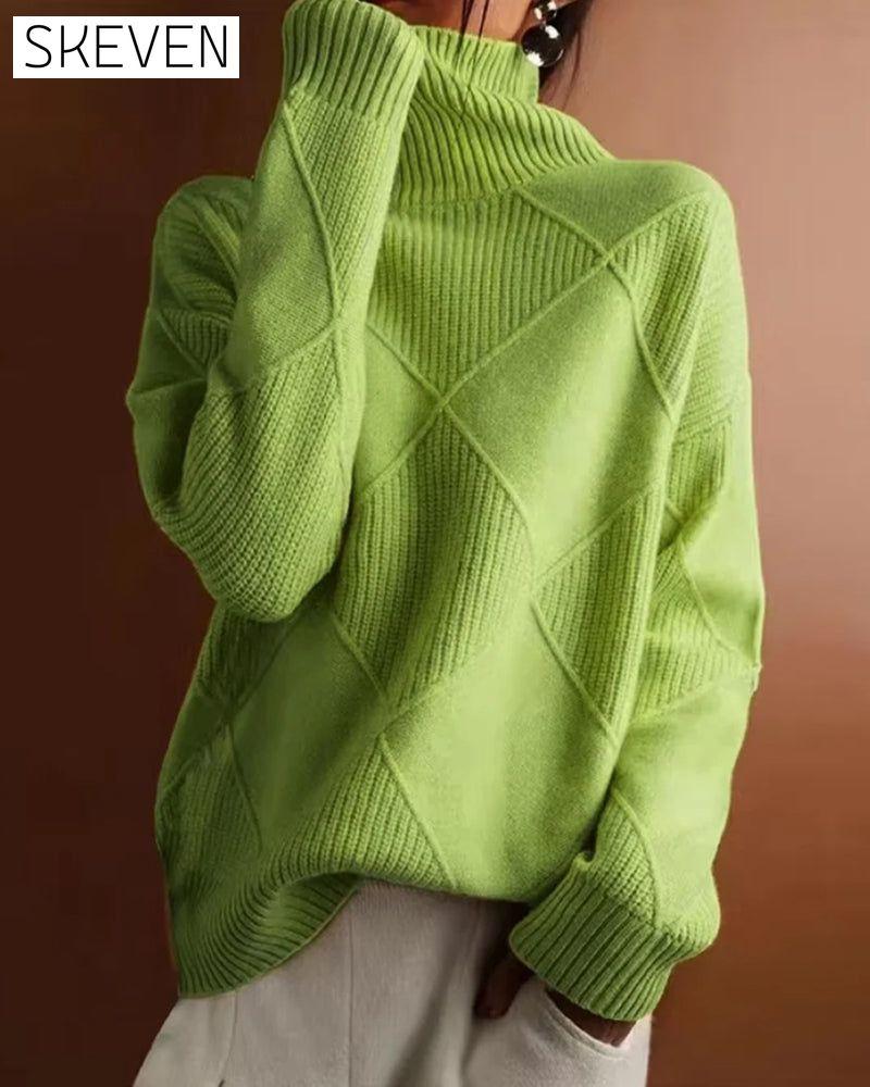 Simple solid color diamond pattern elegant turtleneck sweater