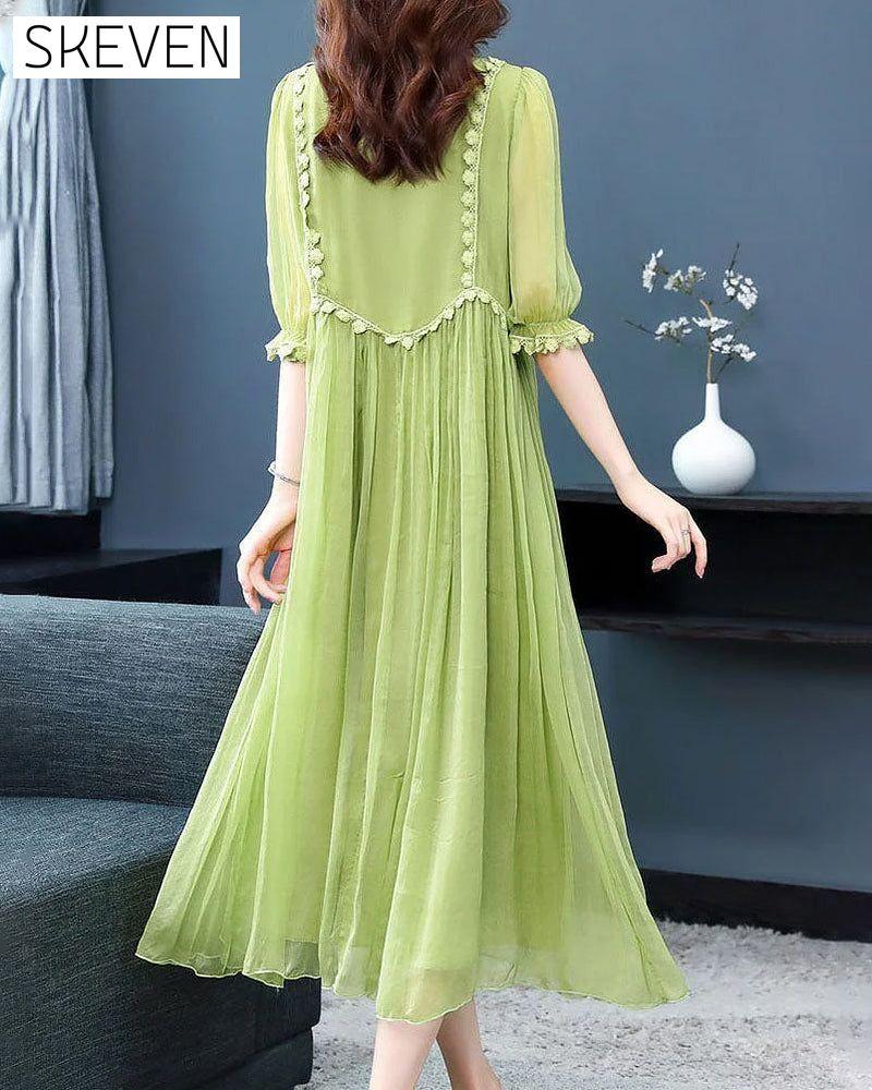 Elegant solid color dress with puff sleeves casual dresses spring summer