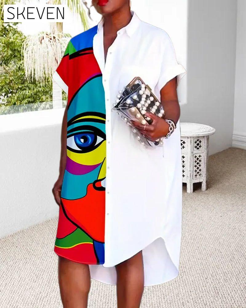 Face print lapel button casual dress 202466 casual dresses summer