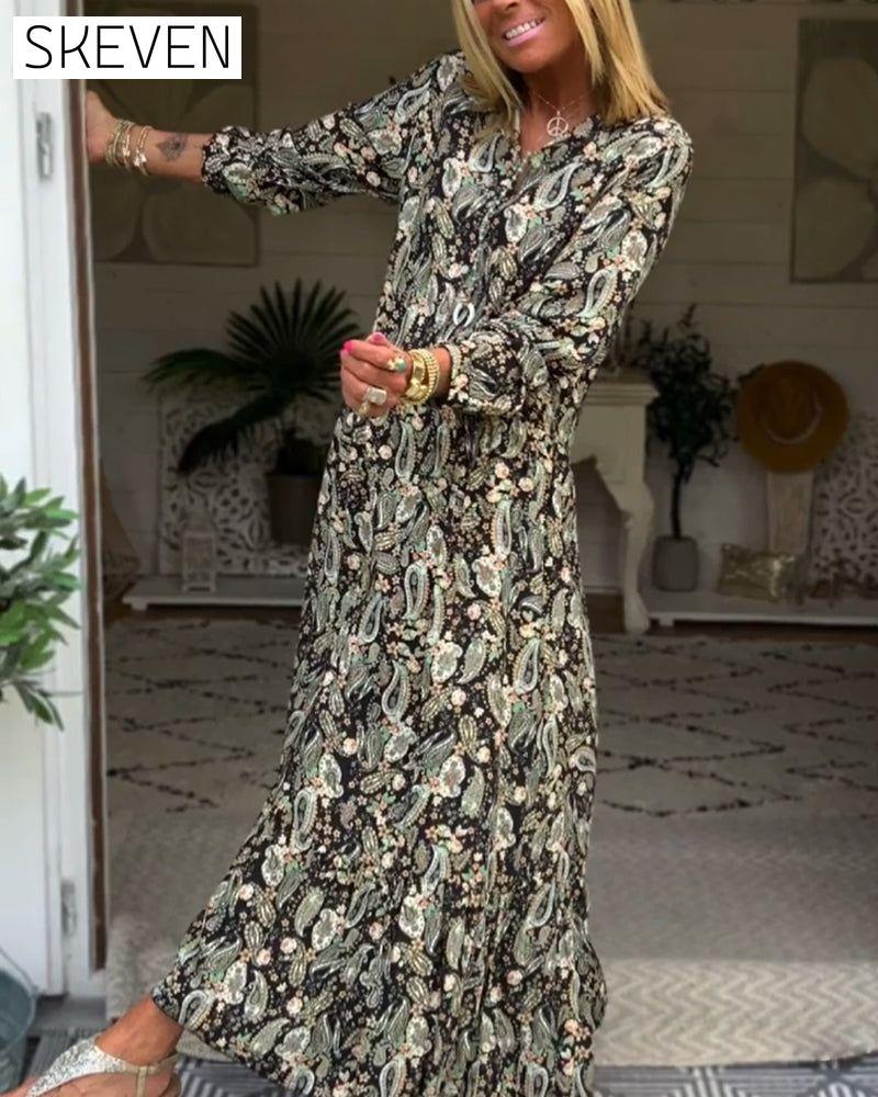robe imprimée à col en V et manches longues