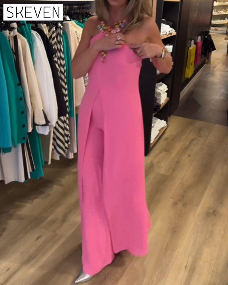 Halter neck slit solid color two piece set