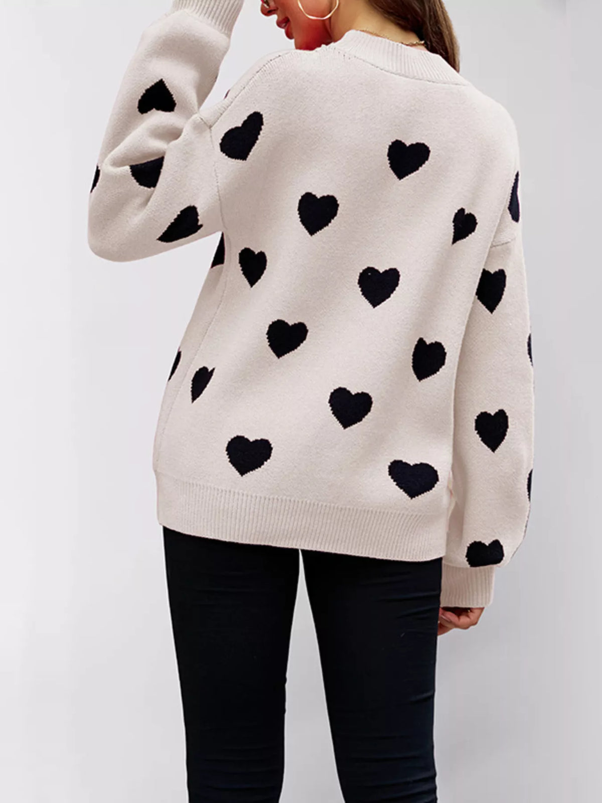 Heart-Patterned Dropped Shoulder Sweater
