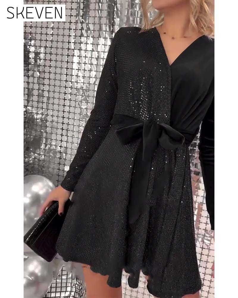 Sexy Wrap Chest Sequined Velvet Lace-Up Dress
