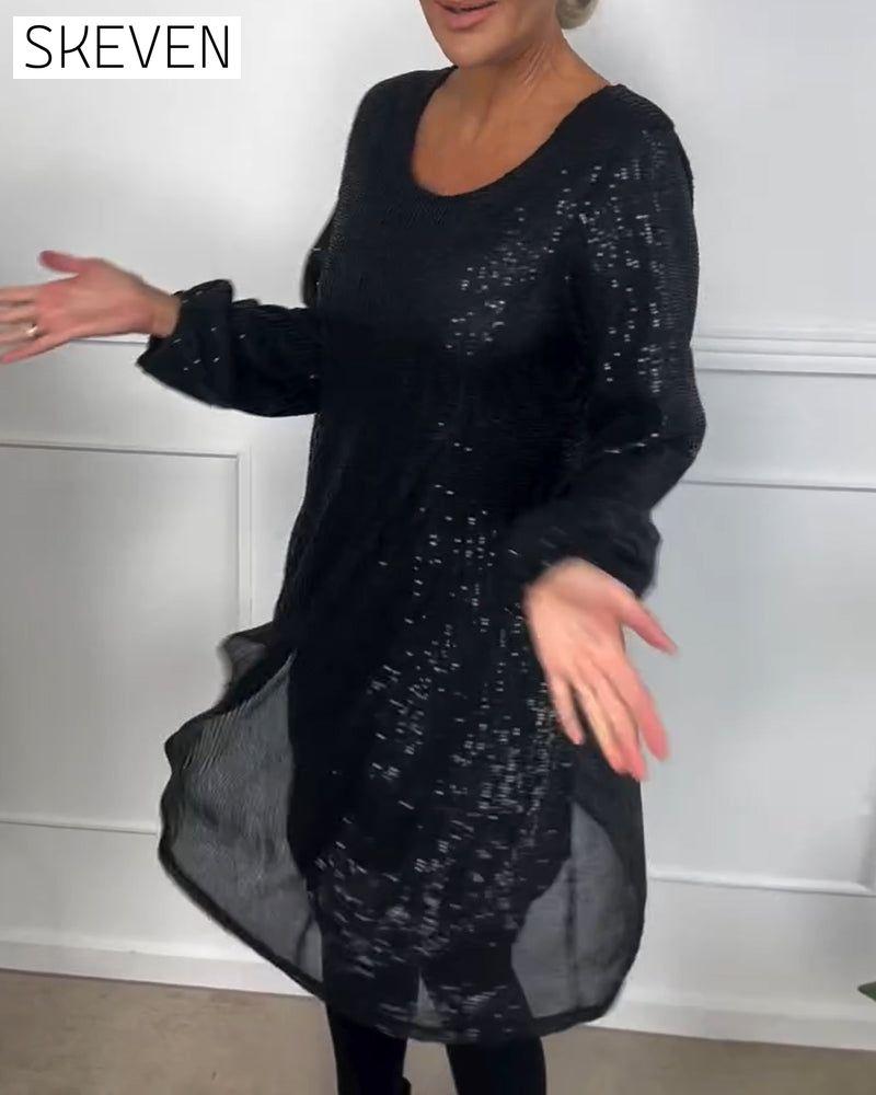 Elegantes, paillettenbesetztes A-Linien-Kleid mit Laternenärmeln