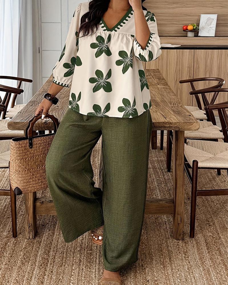 Floral Print V-Neck Top Wide-Leg Pants Set