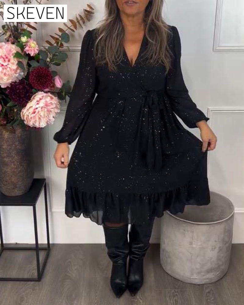 Robe scintillante à col en V et taille nouée