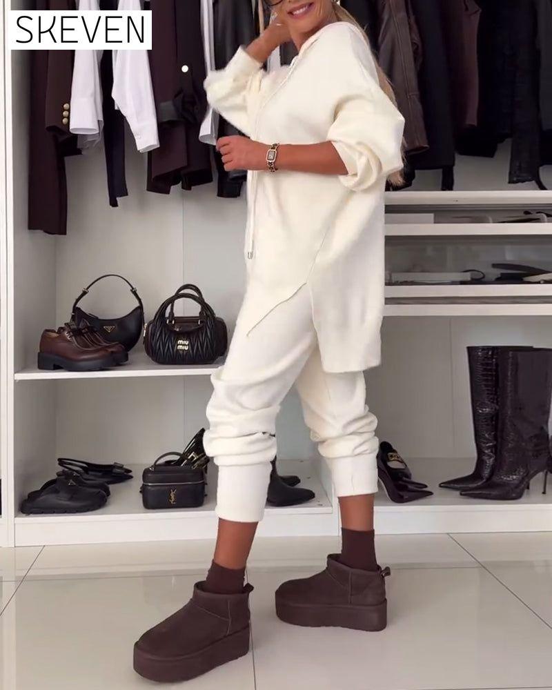 Two-piece set - solid color sweater and pants