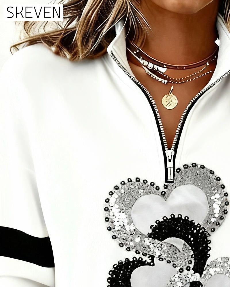 Half Zip Collar Heart Pattern Sweatshirt