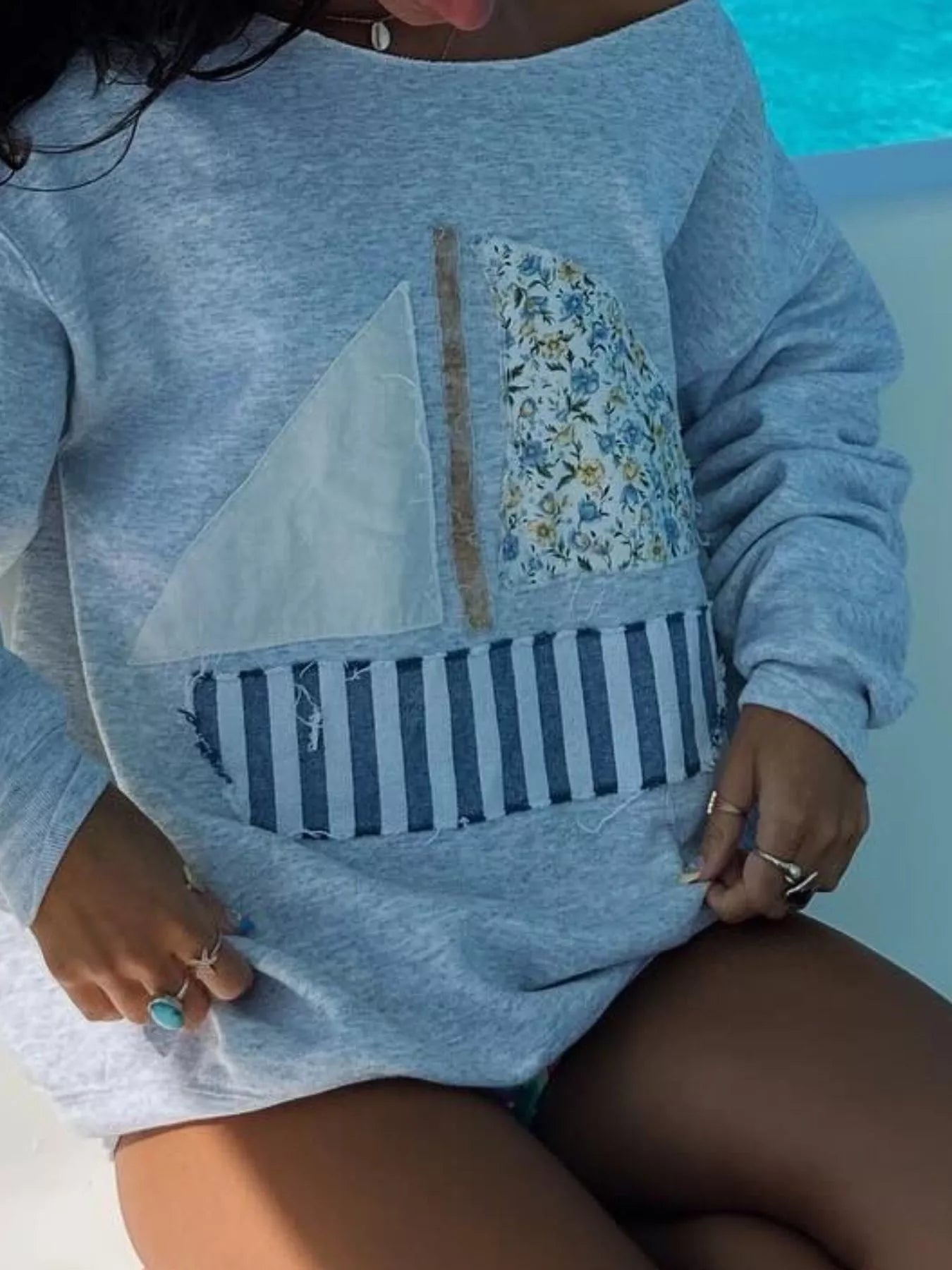 Boat Neck Long Sleeve Patchwork Sweatshirt