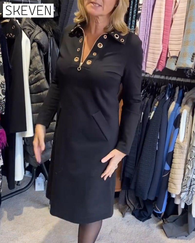 Kleid mit Reißverschluss am Revers und langen Ärmeln