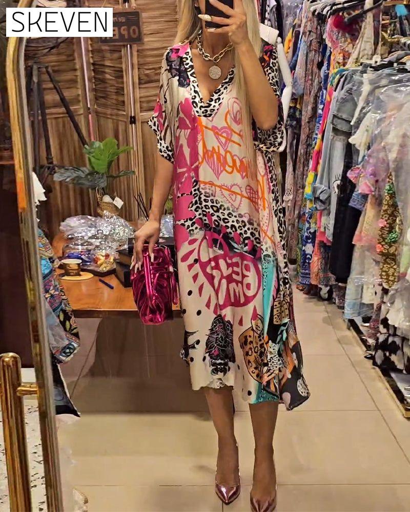 Casual leopard and colorful print deep V dress casual dresses spring summer