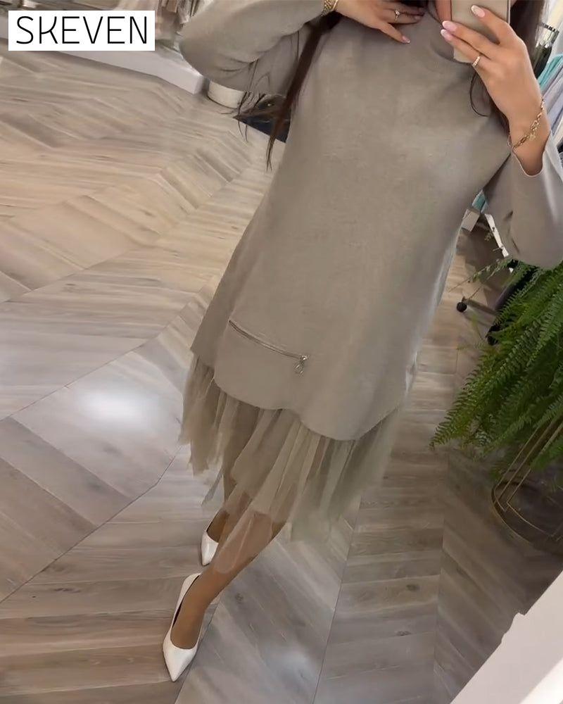High collar mesh patchwork dress 2024 f/w casual dresses