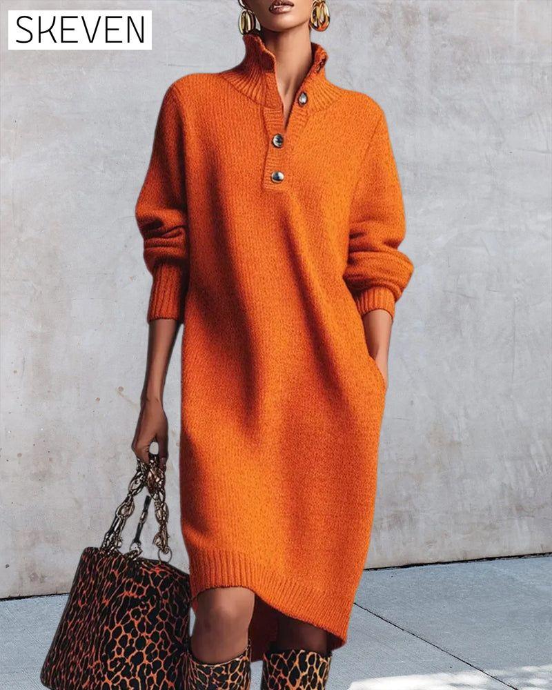 Solid Color Button High Neck Dress