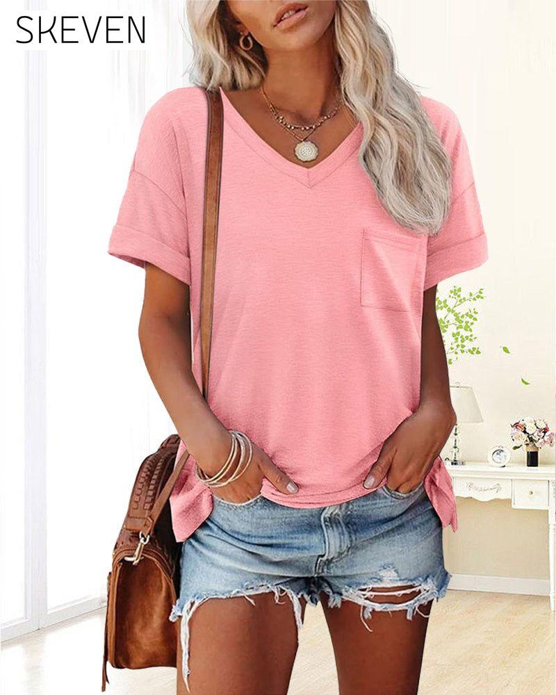 Kurzarm-T-Shirt mit V-Ausschnitt und Tasche in Unifarbe