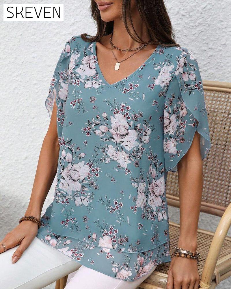 Bluse mit Blütenblattärmeln, V-Ausschnitt und Print