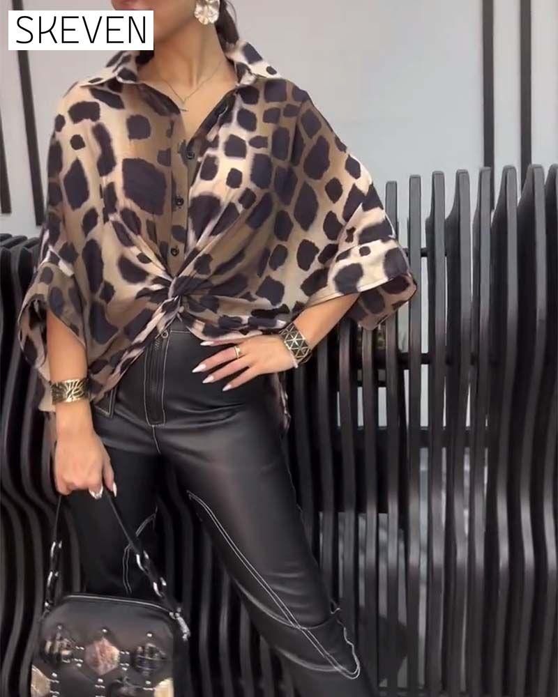 Lapel leopard print blouse