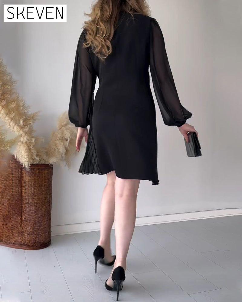 Pleated lapel long-sleeved dress