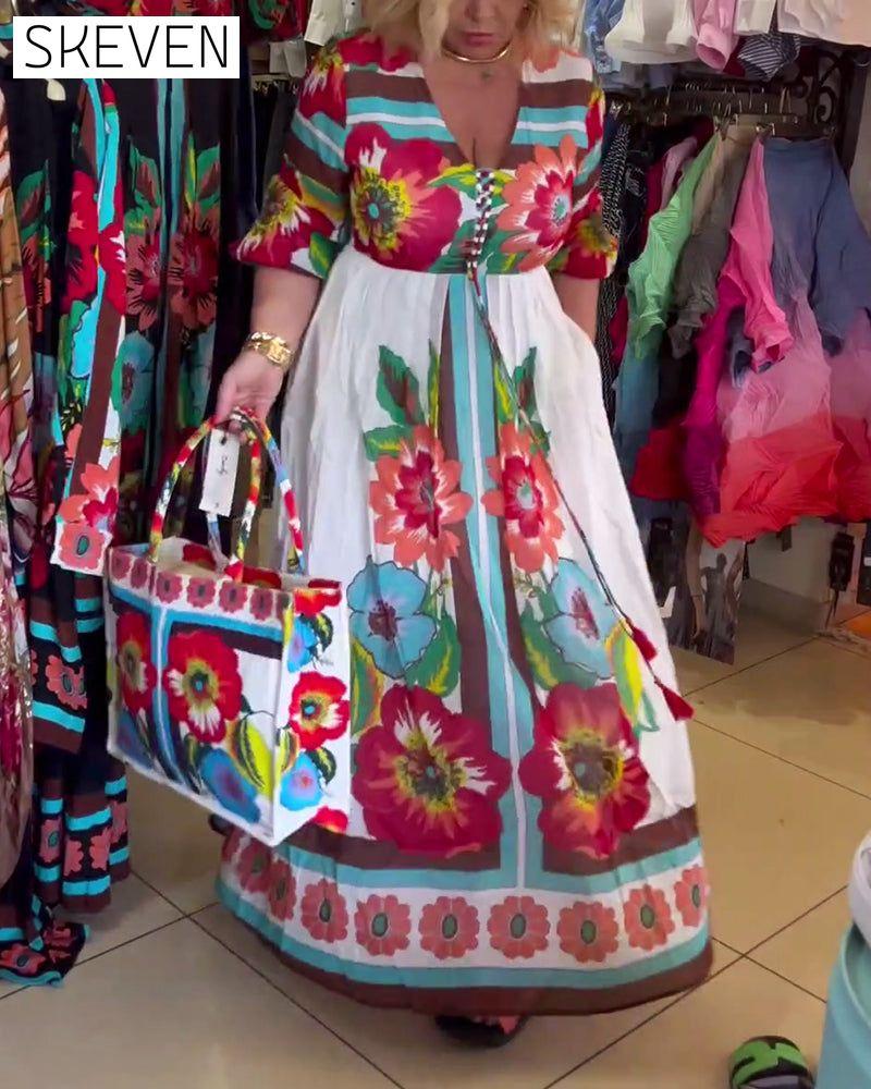 robe fleurie décontractée à décolleté en V profond