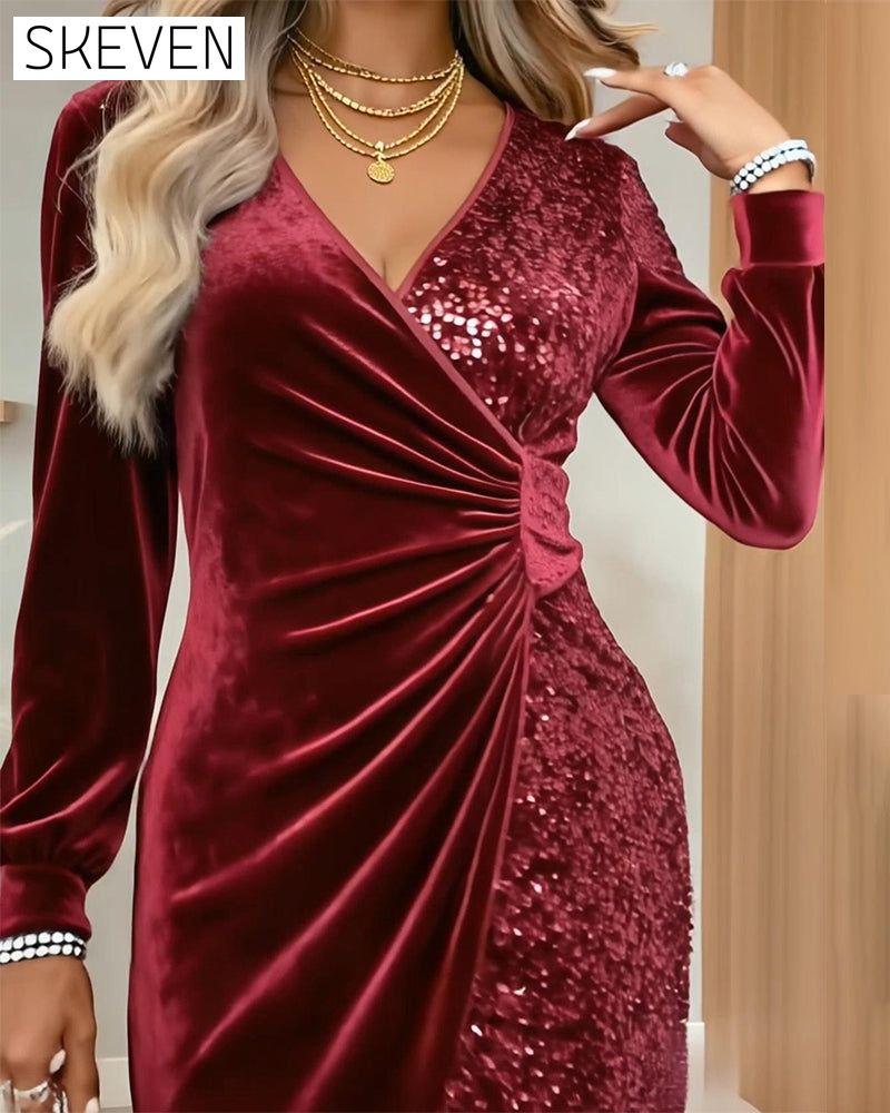 Sexy Pailletten-Samtkleid mit V-Ausschnitt