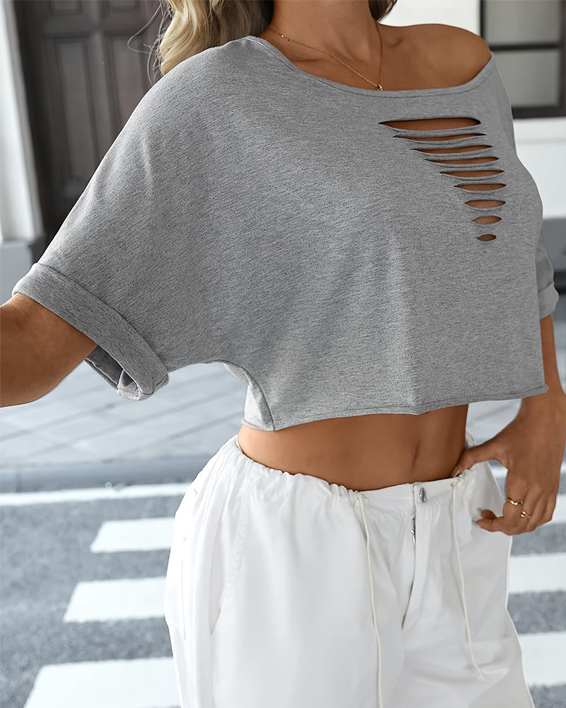 Off-Shoulder Asymmetric Ripped Rolled-Hem T-Shirts