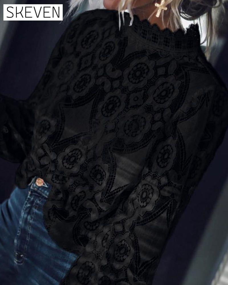 Sexy See-Through Long-Sleeved Stand-Collar Lace Blouse