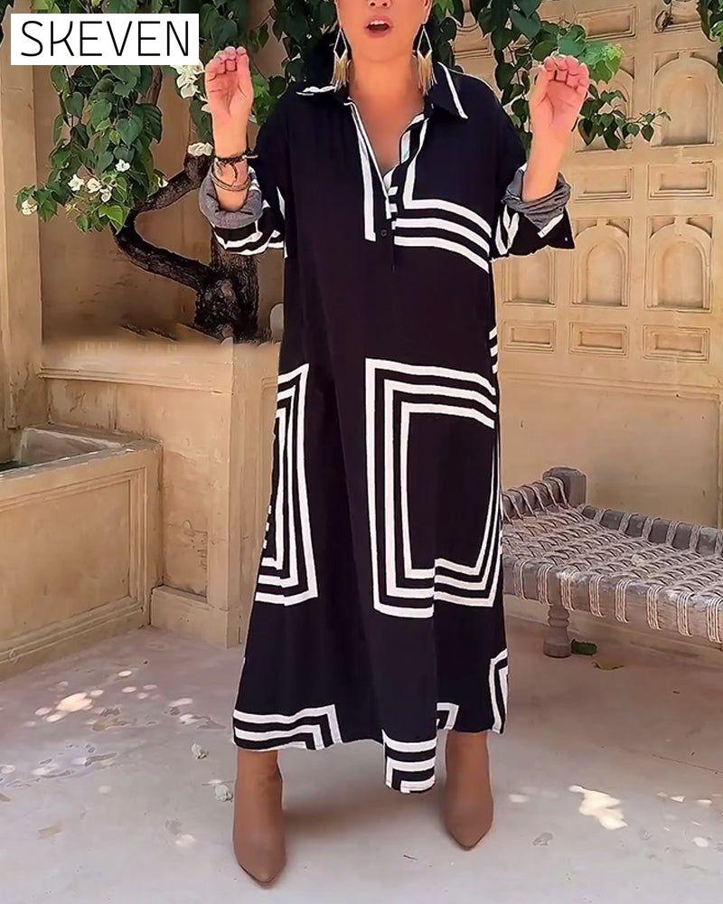Lapel rectangular printed casual dress