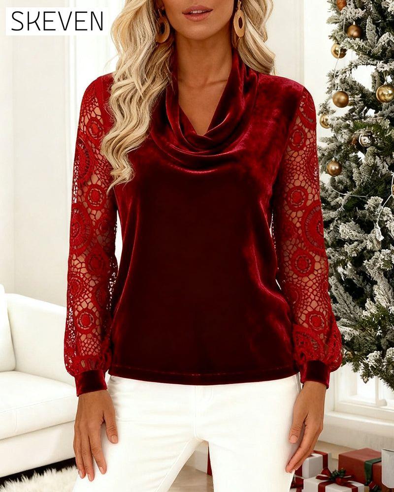 Solid Color Long-Sleeved Velvet Patchwork Top